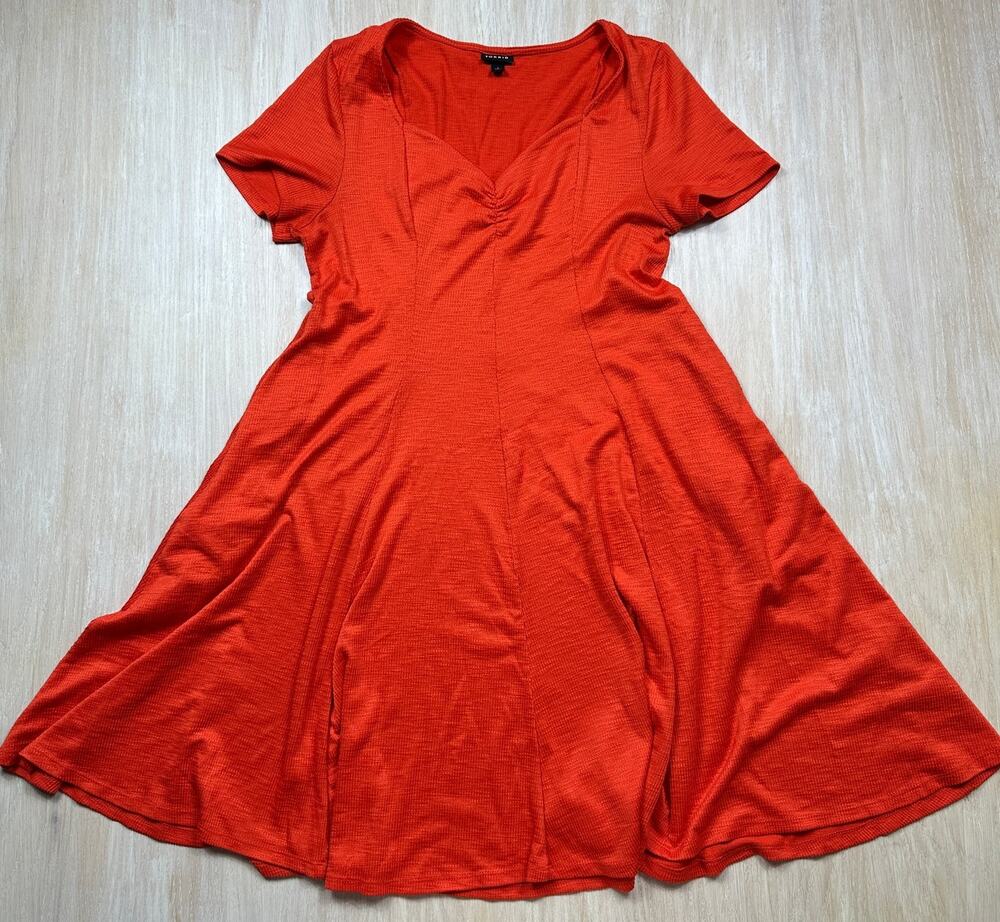 Torrid Orange Red Rib Knit Ruched Sweetheart Fit Flare Midi Skater Dress 1X